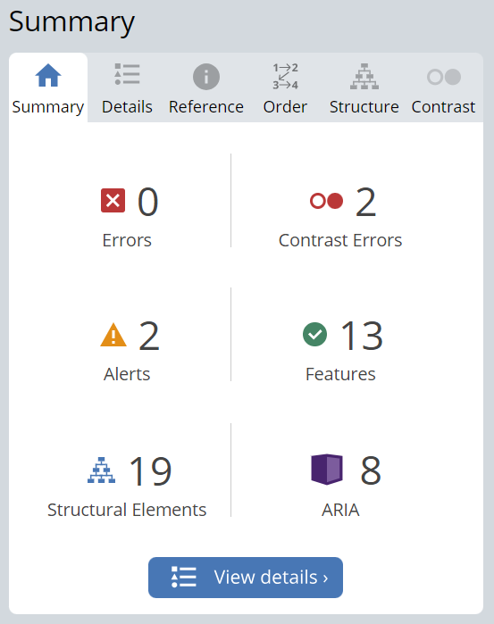 Wave Summary of my EDCI 337 site. Zero errors, two contrast errors, two alerts, thirteen features, nineteen structural elements, and eight ARIA.